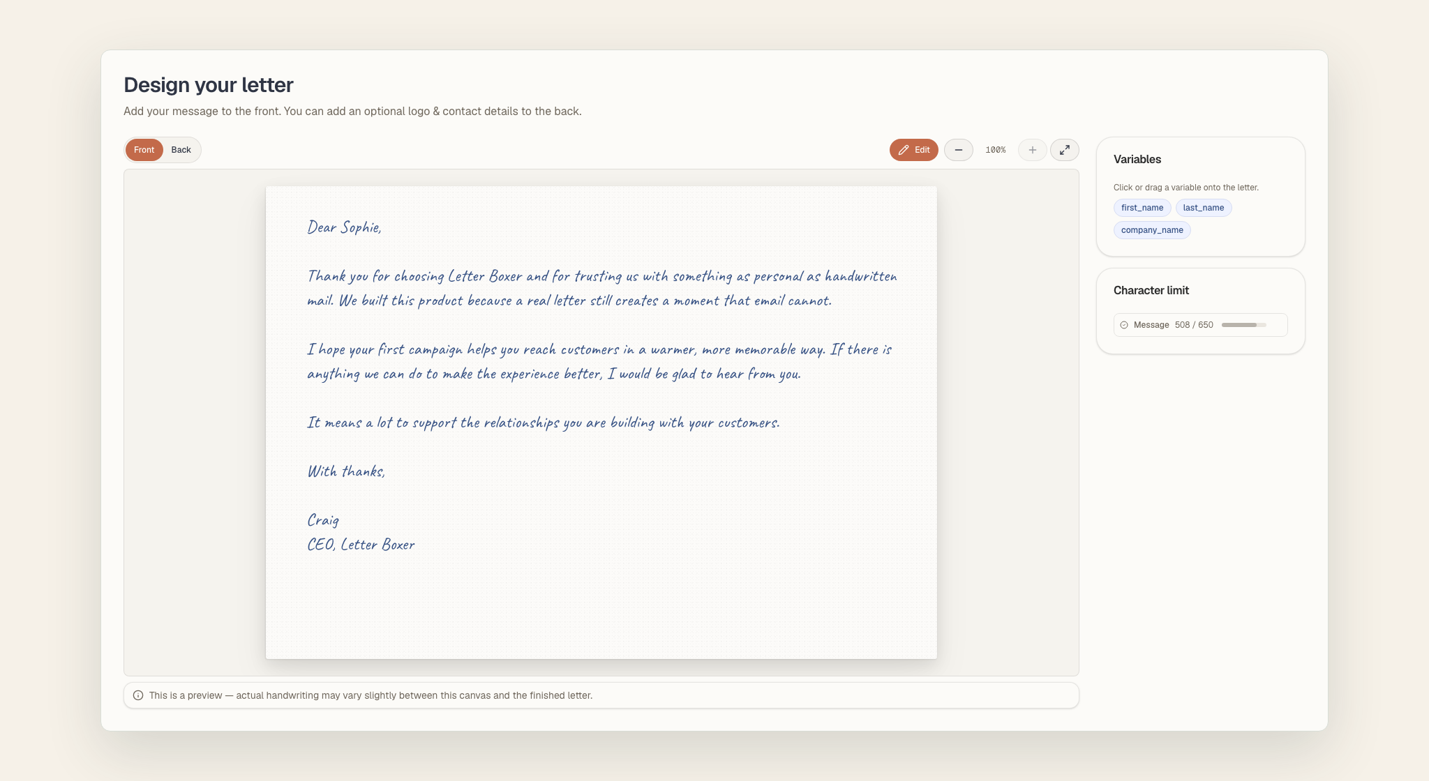 Letter Boxer campaign design workspace showing the letter editor, message settings, and campaign approval controls.